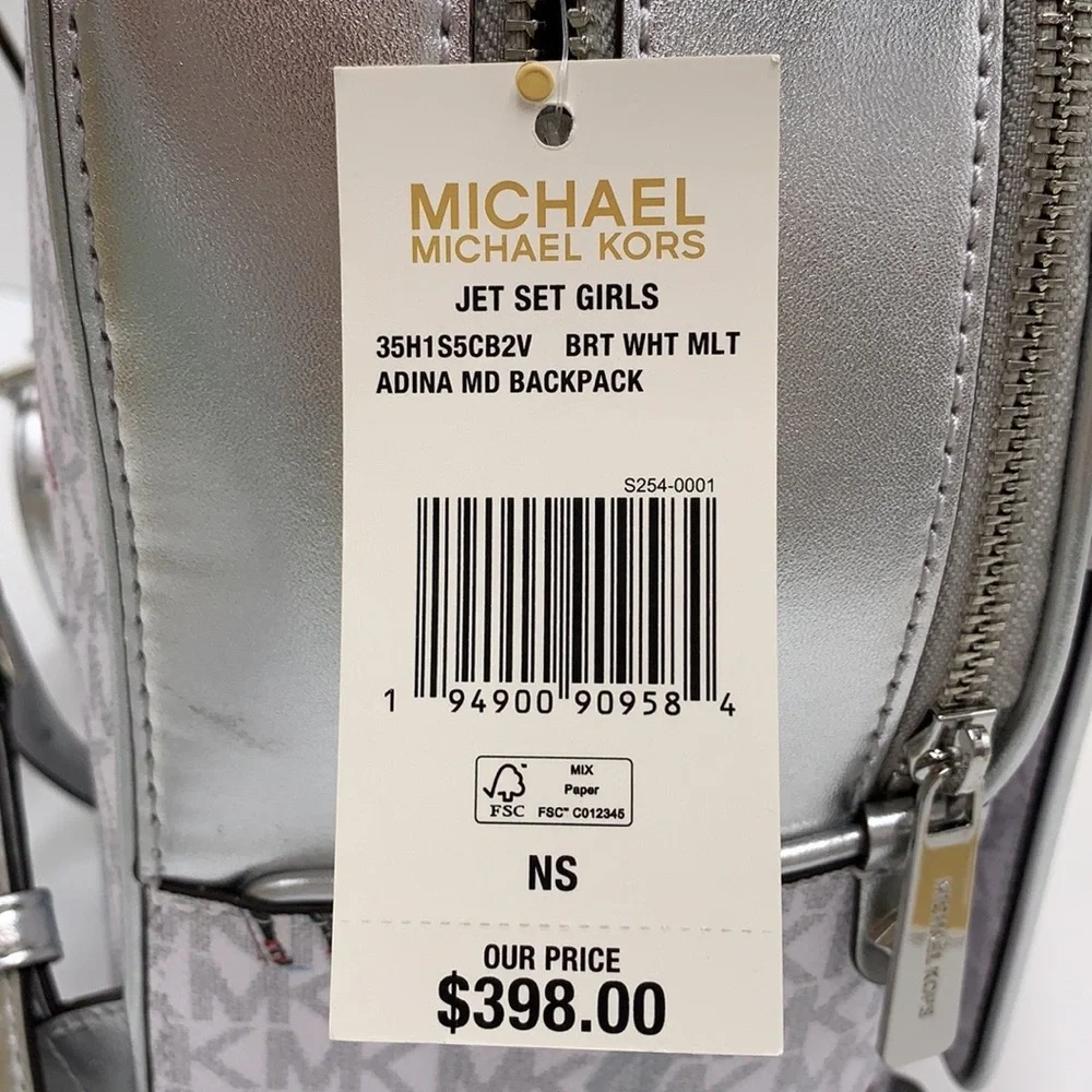 Michael Kors Jet Set Girls Adina Medium Backpack Bright White Silver Multi - Picture 15 of 15